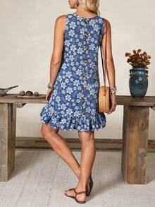 EMERY ROSE Summer Casual Jacquard Ruffle Hem Denim Dress - Blue - View 3