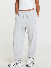 11SKNDS Oversized Relaxed Fit Sweatpants With Elastic Drawstring Waist, Wide Leg Jogger Pants, Heathered Fleece Lounge Trousers For Casual Everyday Wear - Light Grey - View 3