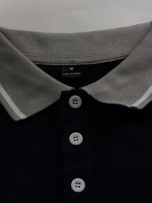 Manfinity Homme 春夏新款男士短袖 Polo 衫，時尚拼色設計，翻領鈕扣開襟，適合高爾夫、健身、戶外運動、日常休閒、度假穿著，純色百搭風格，理想的男士生日/節日禮物 - 灰色 - 查看 6