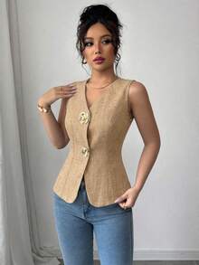SHEIN Raffinéa 女款V領修身前襟金色玫瑰鈕扣裝飾外套背心 - 黃色 - 查看 5