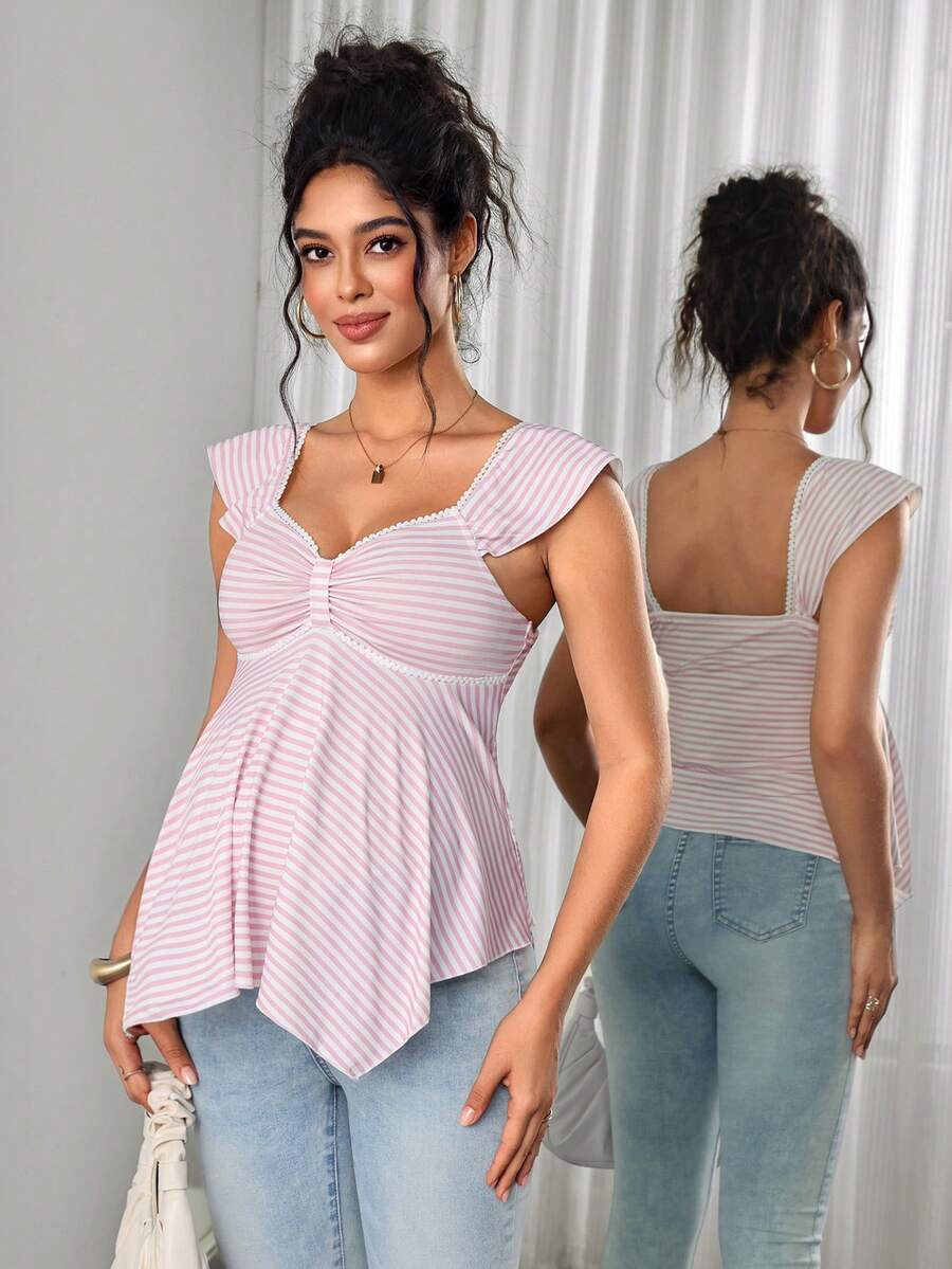 Momance Maternity Top With Ruffle Short Sleeves, Lace Collar, Sweetheart Neckline, Bow Detail, A-Line Hem, Single Layer White Design Baby Shower Casual - Pink - View 1