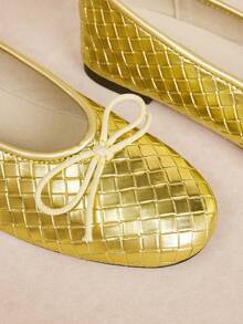 Rosivie Women's Woven Ballet Flats, Round Toe Bow Decoration Casual Soft Sole Slip-On Daily Walking Flats - Gold - View 4