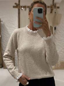 Sprig & Strand 春夏女款休閒居家舒適優雅針織上衣，純色長袖小圓領蕾絲拼接套頭衫，通勤辦公毛衣 - 杏色 - 查看 7