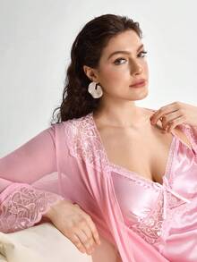 Slumbrini Set de 2 piezas de bata y camisón de pijama con parches de encaje de lujo, talla grande - Rosa - Ver 10