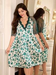 LuxeNights Mature Elegant Floral Print Glossy Satin Spaghetti Strap Ruffle Hem A-Line Long Plus Size Nightgown - Green - View 5