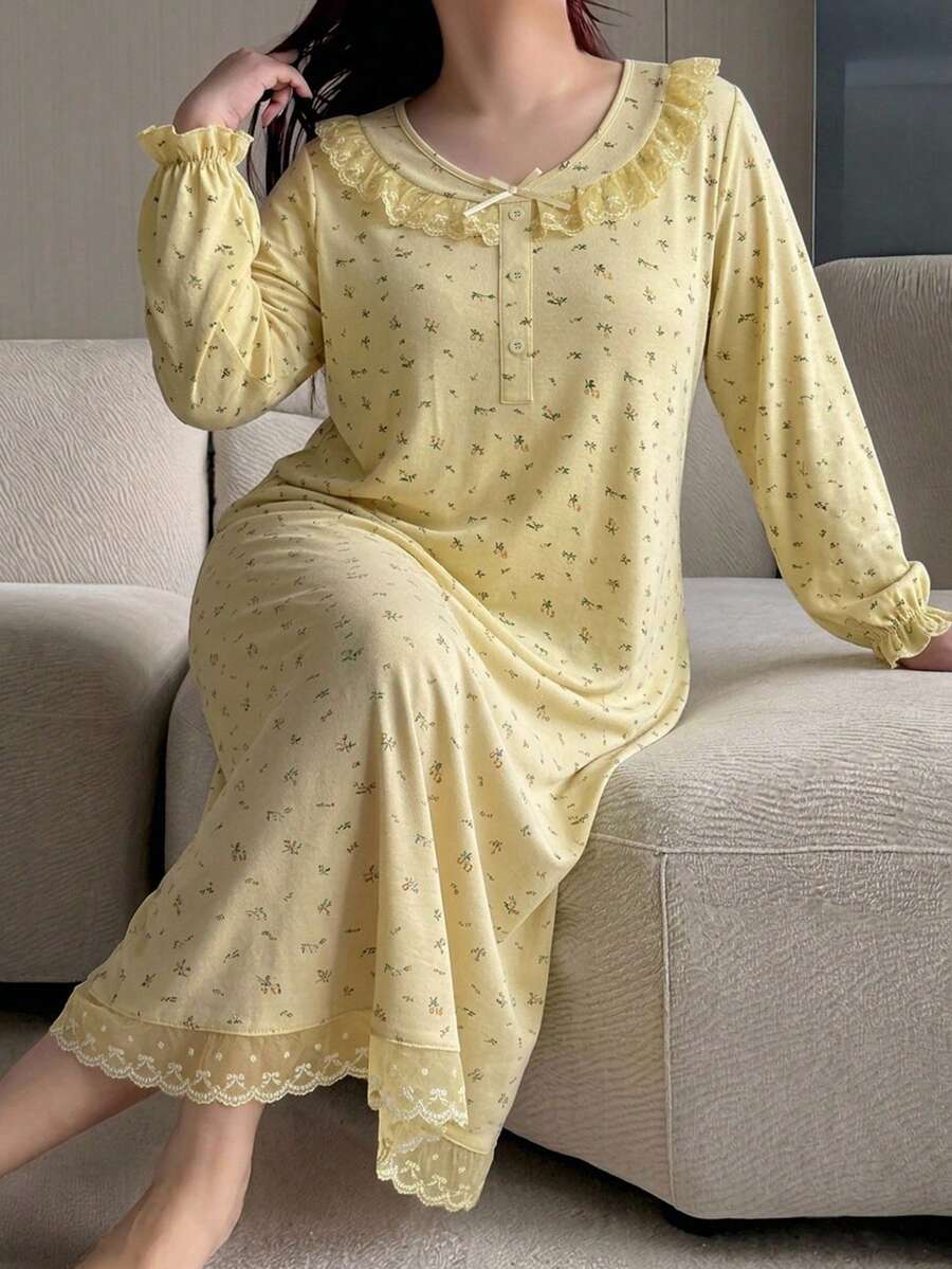 Dazy Plus Contrast Lace Short Sleeve Spring/Summer Ditsy Floral Loose Cute Long Plus Size Women's Loungewear Nightgown - Yellow - View 1