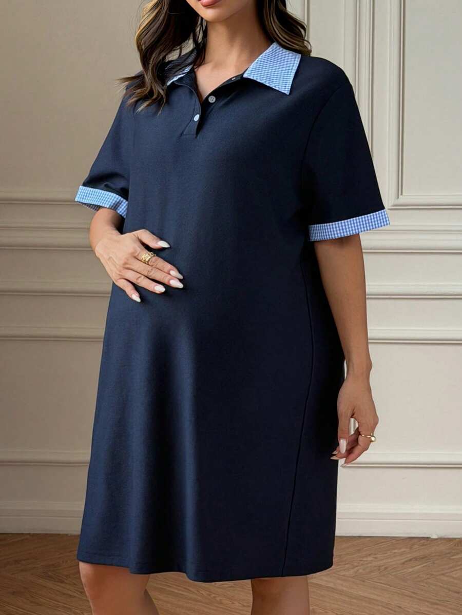 DAZY Colorblock Patchwork Shirt Collar Loose Short Maternity Dress For Spring/Summer - Navy Blue - View 1