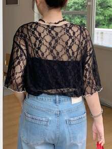 Dazy Plus Elegant Lace Contrast Patchwork Fitted Sheer Short Sleeve Black T-Shirt Spring/Summer Dates Evening Formal Birthday Vacation - Black - View 4