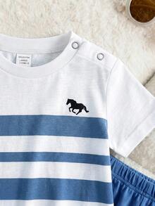 Newborn Baby Boy Cute Summer Casual Comfortable Knit Striped Top Elastic Waist Shorts Set - Baby Blue - View 3