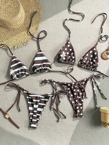 SHEIN Swim 女款夏季海灘度假掛脖綁帶波點條紋性感丁字比基尼泳衣4件套，棕色上衣、藍色上衣，度假穿搭、海灘穿搭、女性度假穿搭、波點上衣、返校季、教師 - 彩色 - 查看 2