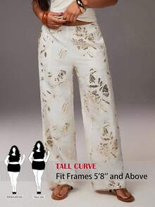 SHEIN Tall CURVE 大尺碼女款刺繡亮片設計直筒寬鬆優雅長褲 - 白色 - 查看 9