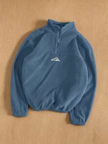 Manfinity Hypemode Men Loose Mountain Embroidery Half Zip Fleece Sweatshirt Without Tee , For Fall Winter, Long Sleeve Top - Baby Blue - View 3