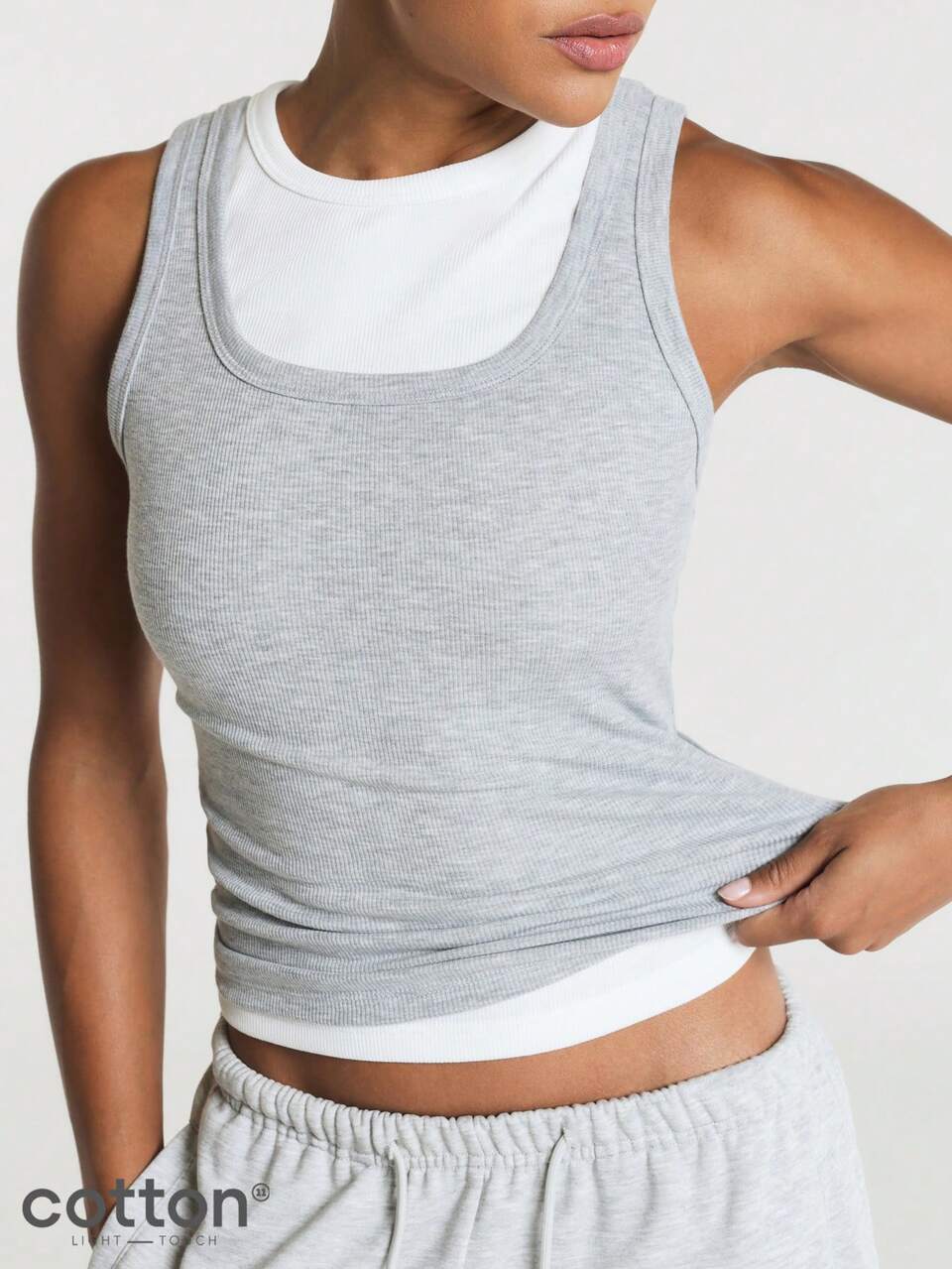 11SKNDS Ribbed Crop Tank Top With Scoop Neckline, Fitted Silhouette, Wide Straps, Heathered Texture, Casual Everyday Layering Essential For Spring Summer
