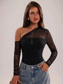 SHEIN BAE Spring/Summer Solid Black Asymmetric Neck Cutout Sheer Sexy Fitted Bodysuit For Women - Black - View 5