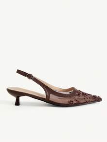 CUCCOO CHICEST 女款多色網布刺繡珠飾尖頭低跟後扣帶涼鞋，溫柔仙女風，春夏款，適合婚禮 - 深棕色1 - 查看 5