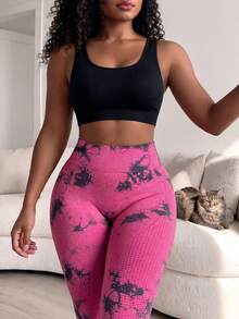 SHEIN Sports 女士扎染高腰无缝弹力紧身裤瑜伽裤 - 玫紅色 - 查看 3