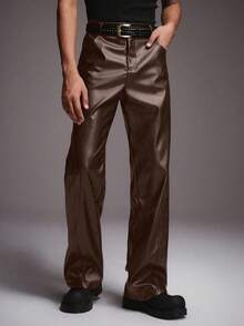 STYNVO Men's Fashion Commuter PU Leather Straight Leg Pants - Brown - View 1