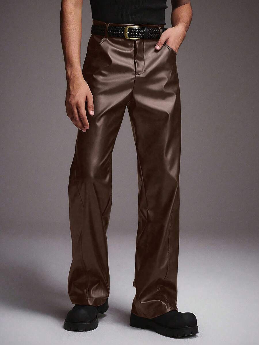 STYNVO Men's Fashion Commuter PU Leather Straight Leg Pants - Brown - View 1
