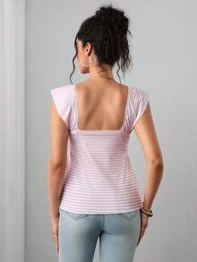 Momance Maternity Top With Ruffle Short Sleeves, Lace Collar, Sweetheart Neckline, Bow Detail, A-Line Hem, Single Layer White Design Baby Shower Casual - Pink - View 2