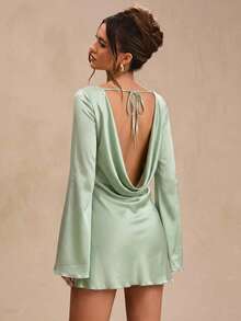 SHEIN BAE Autumn Women's Solid Sage Green Long Sleeve Backless Fitted A-Line Exquisite Mini Dress, Party Night Out Dress, Vacation Dress, Birthday Dress, Sexy - Green - View 4