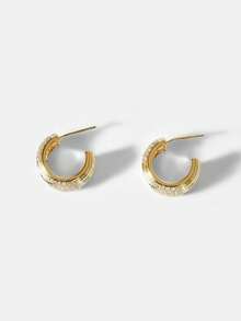 MOTF PREMIUM Anting-anting bergaris berbentuk C berlapis emas 18K mewah, anting-anting desain unik, berkarakter, anting-anting stud serbaguna. - Yellow Gold - View 4