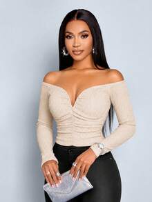 SOLERSUN Off Shoulder Ruched Crop Tee For Women, Textured Long Sleeve Slim Fit Sweetheart Neck T-Shirt - Apricot - View 7