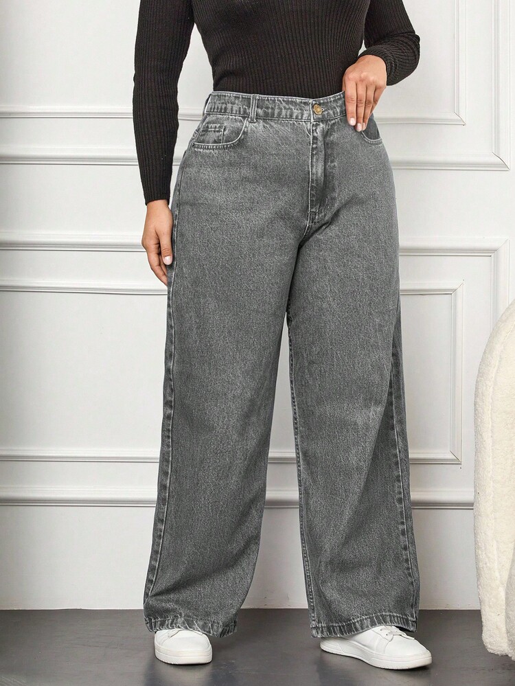 SHEIN Cottnline Plus Size Women High Waist Pockets Wide Leg Loose Casual Versatile Jeans Club Formal Green Winter - Light Grey - View 4
