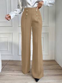 RueChic Ladies' Solid Color Pants With Button Decoration - Camel - View 6