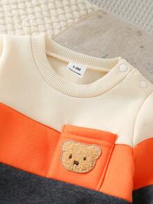 SHEIN Newborn Boys' 2pcs Cute Color Block Applique Pocket Fleece Lined Long Sleeve Long Set For Outdoor, Daily Wear Fall Winter, Loose Fit, Comfortable - Multicolor - View 6