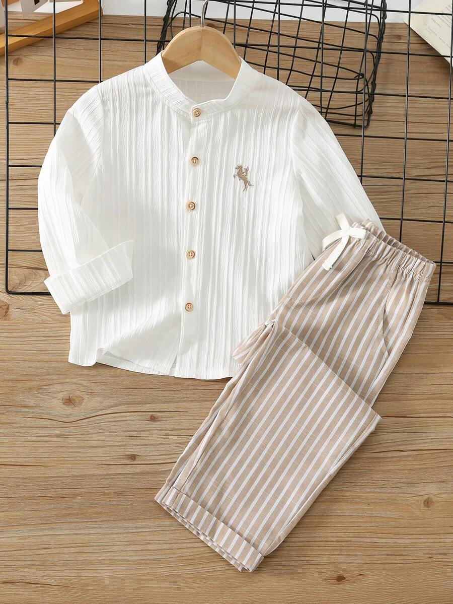 SHEIN 小男孩學院風刺繡Logo立領長袖襯衫/長褲套裝