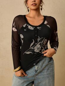 Travachic Damen-T-Shirt in Große Größen, lässig, Vintage, mit Blumenmuster, Mesh, Langarm, Basisschicht, für alle Jahreszeiten geeignet - Schwarz - Übersicht 6