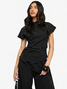 SHEIN BAE Spring/Summer Solid Black Short Sleeve Women's Elegant Pleated Fitted Satin Top, Elegant Women's Top Office - Black - View 1