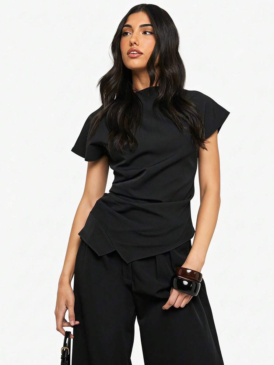 SHEIN BAE Spring/Summer Solid Black Short Sleeve Women's Elegant Pleated Fitted Satin Top, Elegant Women's Top Office - Black - View 1