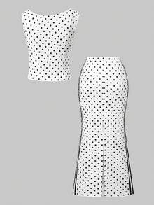 SHEIN 青少年女孩黑色條紋背心與裙子兩件套，休閒修身極簡寬鬆針織，返校穿搭復古秋季服飾，波點軟綿款 - 黑與白 - 查看 2