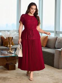 Modelyn Plus Size Women's Round Neck Lace Waist Tie Pleated Casual Date Outing Summer Dress - Burgundy - View 4