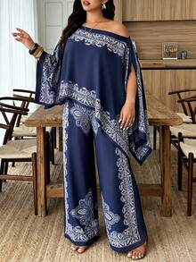 Weeklong Women's Plus Size Spring/Summer Vacation Casual Cape, One-Shoulder Shawl With Asymmetrical Hem, Paisley Print, Island Style 2-Piece Set Fall/Winter - Multicolor - View 5