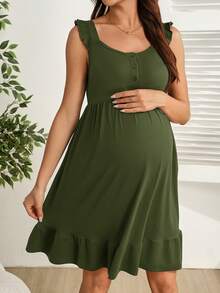 SHEIN 夏季孕婦純色單排鈕扣哺乳洋裝，休閒簡約舒適常規款，適合女性度假穿搭、寶寶迎新派對與海灘約會 - 軍綠色 - 查看 2