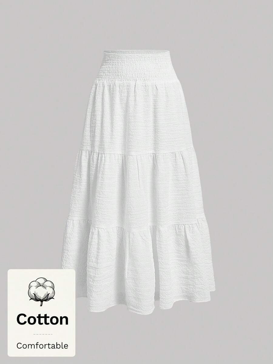 SHEIN MOD 女款純棉休閒素色荷葉邊收腰裙 - 白色 - 查看 1