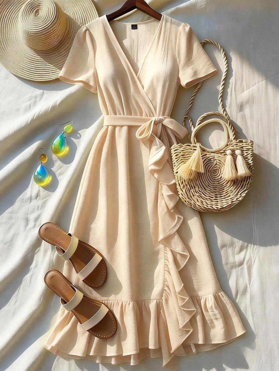 Louniche Standard Size Women's Ruffled V-Neck Fitted Vacation Elegant Mid-Length Dress - Apricot - View 1