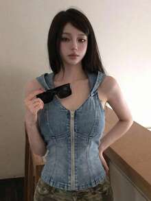 DAZY 女士休闲度假风水洗蓝色连帽开衫，短款沙滩街头牛仔夹克背心，春夏Y2K - 淺色水洗藍 - 查看 1
