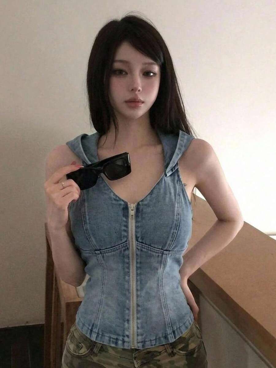 DAZY 女士休闲度假风水洗蓝色连帽开衫,短款沙滩街头牛仔夹克背心,春夏Y2K - 淺色水洗藍 - 查看 1