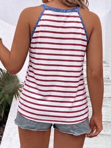 EMERY ROSE Plus Size Women's Faux Denim Print Casual Versatile Striped Halter Neck Tank Top - Multicolor - View 2