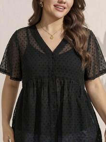 SHEIN LUNE 大尺碼法式時尚透視單排扣提花襯衫 - 黑色 - 查看 5