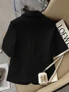 GlowEve CURVE Plus Size Women's Apricot Short Sleeve Straight Loose Fit Faux Pocket Open Front Elegant Sophisticated Casual Commute Thin Blazer Jacket Spring Summer - Black - View 2