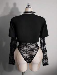 SHEIN ICON Body 2 en 1 de mujer talla grande estilo Y2K sexy con encaje, estampado de eslogan y diseño punk streetwear - Negro - Ver 2