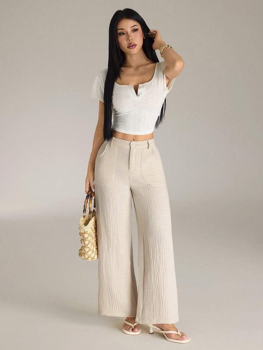 SHEIN PETITE 100% Washed Cotton Low Waist Straight Pants - Apricot - View 1