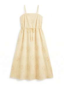lacRébo Pale Yellow Embroidered Loose Fit Square Neck Midi Dress With Strap At The Waist Summer Holiday Cute French Elegant Cotton Blended Brunch Vacation - Light Yellow - View 7