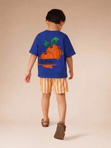 SUMWON Conjunto de verano a juego para niños con camiseta de cuello redondo de manga corta con estampado de frutas cítricas y pantalones cortos a rayas de talla grande - Multicolor - Ver 1