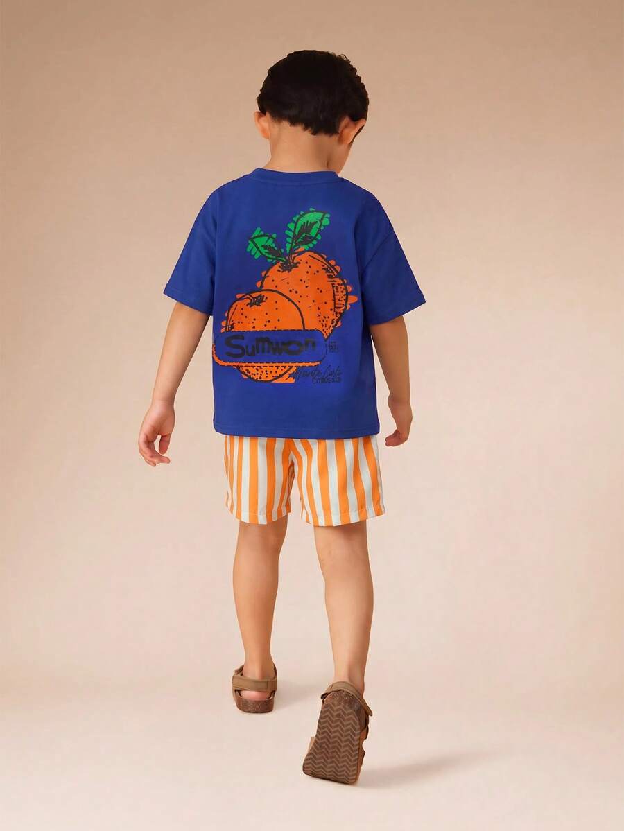 SUMWON Conjunto de verano a juego para niños con camiseta de cuello redondo de manga corta con estampado de frutas cítricas y pantalones cortos a rayas de talla grande - Multicolor - Ver 1