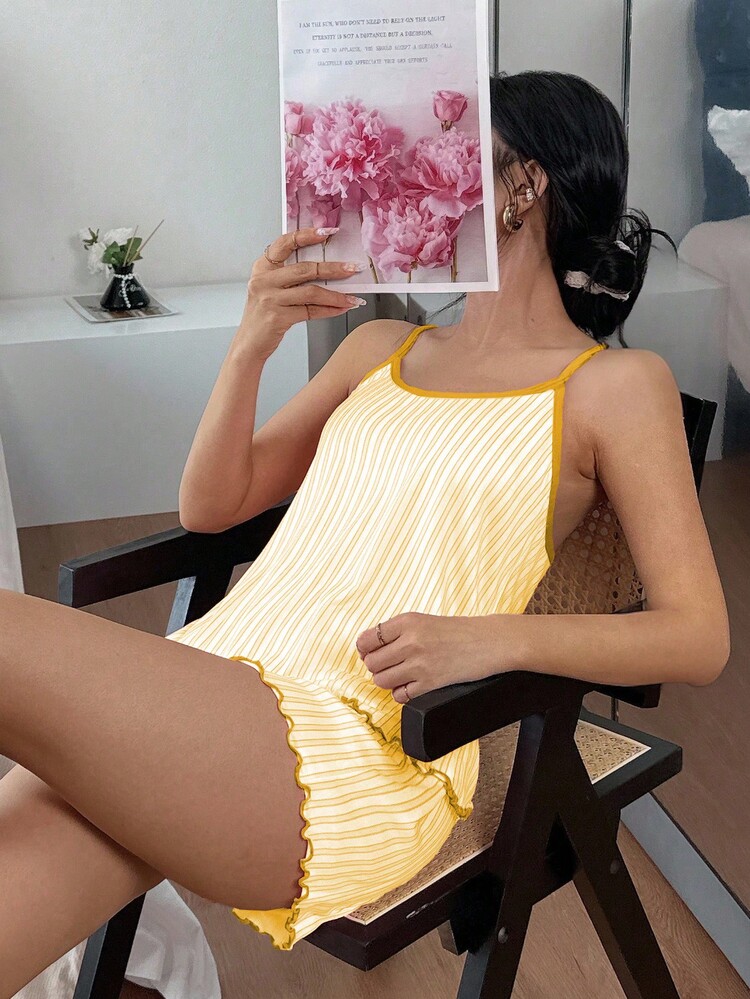 SHEIN Pink Striped Print Camisole & Shorts Pajama Set, 2 Pieces - Yellow - View 5